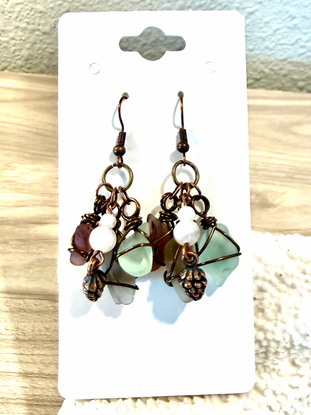 39. Sea Glass Cluster Drop Earrings with sunstone and a pine cone charm